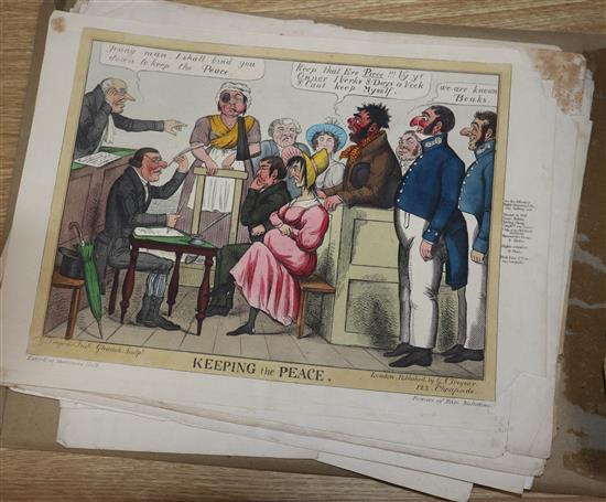 A quantity of 19th century and later satirical, fashion and bookplates, some hand coloured, approx. 23 x 31cm, unframed